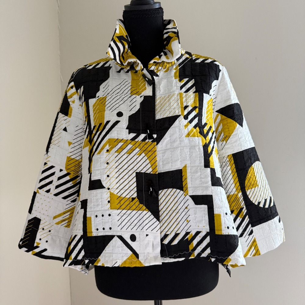 Joseph Ribkoff Textured Swing Jacket Black White Mustard Abstract Art  sz6